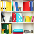 White office shelves with different stationery, close up