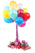 Photo: Many bright balloons and many gifts isolated on white Many bright balloons and many gifts isolated on white