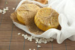 Hand-made soap and sea salt  on grey bamboo mat