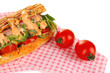Delicious hot dog on napkin isolated on white