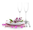 Festive table setting with flowers isolated on white
