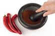 Chilipulver und hand mit Mörser