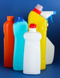 Different kinds of bath and toilet cleaners and colorful