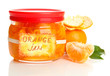 Orange jam with zest and tangerines, isolated on white