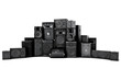 Large group of speakers in a row, on a white background.