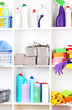 Shelves in pantry with  cleaners for home close-up