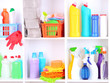 Shelves in pantry with cleaners for home close-up