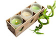 Wooden candlestick with candles and bamboo, isolated on white