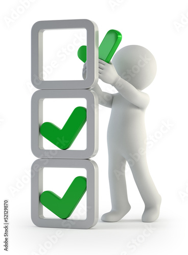 Illustration: 3d small people - installation of check marks 3d small people - installation of check marks