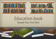 Books on table and shelves & text