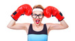 Surprised fitness woman with boxing gloves, isolated on white