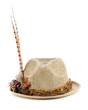 Hunting hat with pheasant feathers isolated on white.