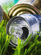 crumpled aluminum can on a green grass