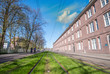 Amsterdam Buildings and tram railway in spring