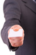Business man offering blank card.