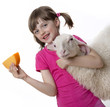 Foto: a happy little girl with a sheep and a cheese a happy little girl with a sheep and a cheese