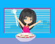 Illustration : little girl eating spaghetti little girl eating spaghetti