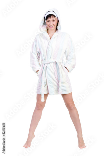 Photo: woman in bathrobe full portrait isolated on white woman in bathrobe full portrait isolated on white