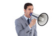Photo: Businessman shouting into a megaphone Businessman shouting into a megaphone