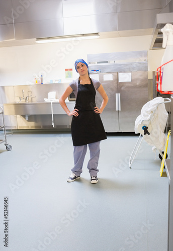 Photo: Cleaning woman standing in kitchen Cleaning woman standing in kitchen