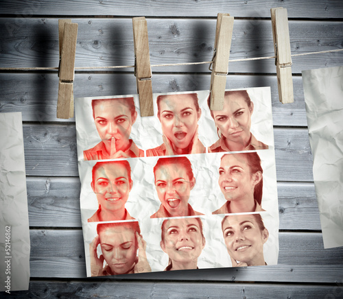 Photo: Pegs hanging pictures showing woman gesturing Pegs hanging pictures showing woman gesturing