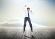 Businessman jumping over wooden boards