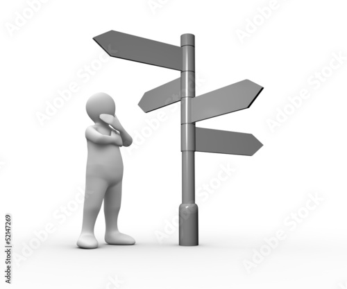 Illustration: Confused white human representation looking at blank roadsign Confused white human representation looking at blank roadsign