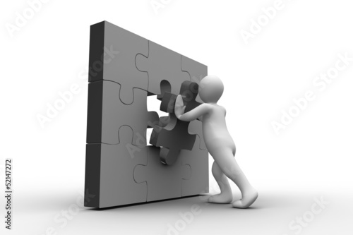 Illustration: White human figure solving jigsaw puzzle White human figure solving jigsaw puzzle