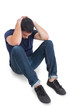 Sitting upset man with hands behind head