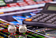Dices cubes with words SELL BUY for trader and calculator. Finan