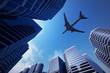 Business towers with a airplane silhouette