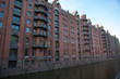 View into a channel at the Speicherstadt