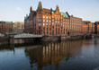 View into a channel at the Speicherstadt