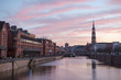Sunset in Hamburg, German city. Speicherstadt district