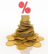 Pile of gold coins and a percent sign.