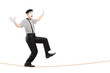 Full length portrait of an excited male mime artist walking on a