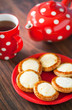 Open mini pies with cottage cheese, selective focus