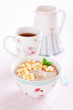 Oatmeal porridge with banana and flax seed, selective focus