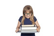 Beautiful little student with glasses and many books