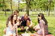 Two young couples enjoying a picnic