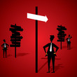 men with directional board
