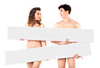 Nude attractive couple with empty boards