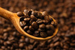 Coffee beans in wooden spoon, close up