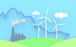 Three wind turbines. Factory emitting CO2 smoke and a graph.