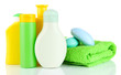 Baby cosmetics, towels and soap, isolated on white