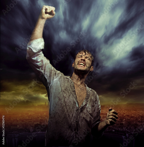 Photo: Dirty man in natural triumph pose Dirty man in natural triumph pose