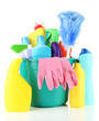 Cleaning items in bucket isolated on white