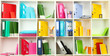 White office shelves with different stationery, close up