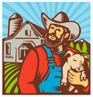 Pig Farmer Holding Piglet Barn Retro