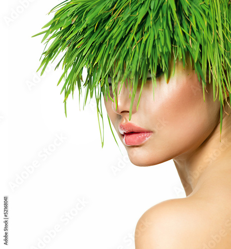 Photo: Beauty Spring Woman with Fresh Green Grass Hair Beauty Spring Woman with Fresh Green Grass Hair